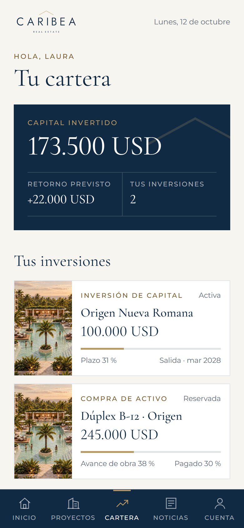Cartera del inversor en la app Caribea