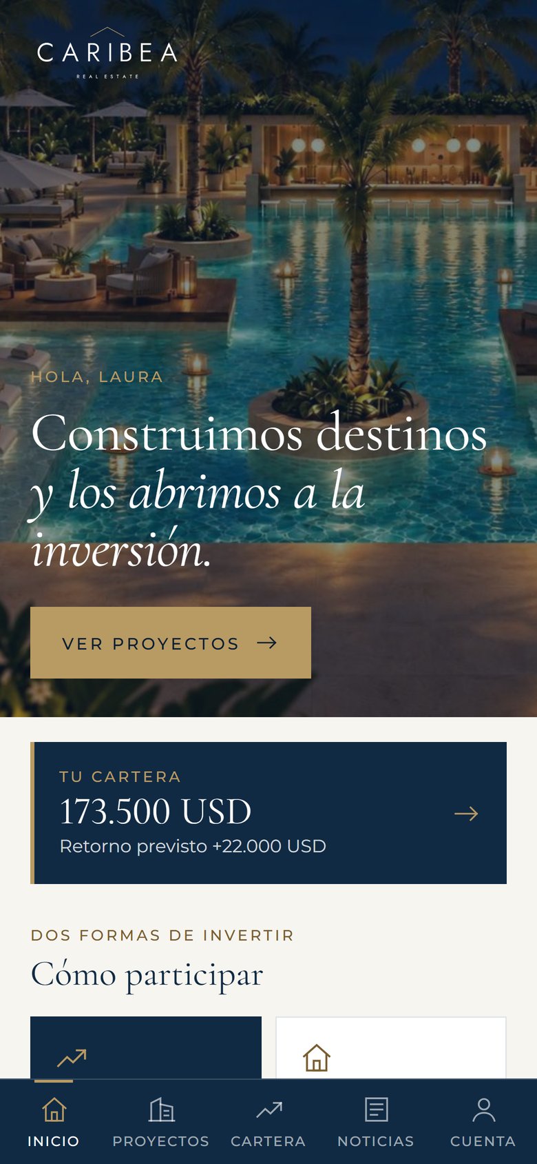 Pantalla de inicio de la app Caribea
