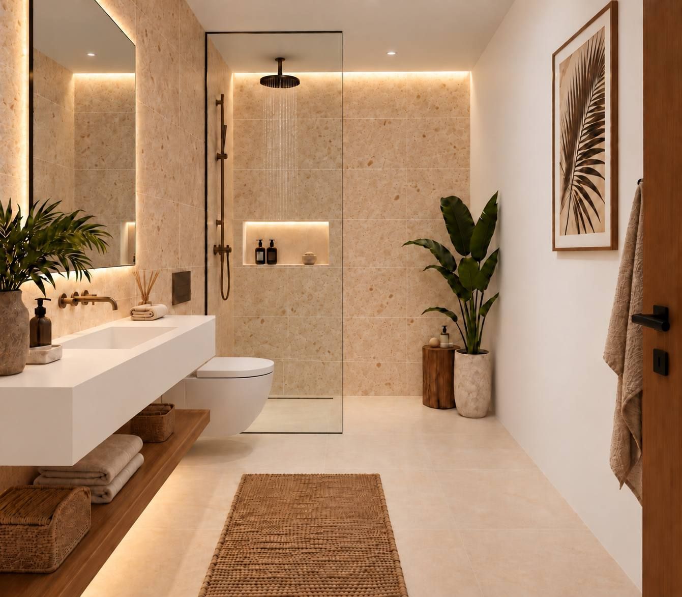 Baño con revestimiento de piedra natural y grifería de bronce