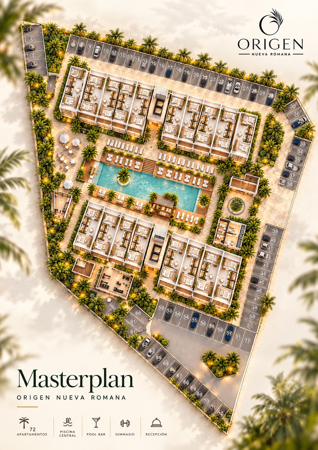 Origen Nueva Romana masterplan: two apartment buildings around the central pool