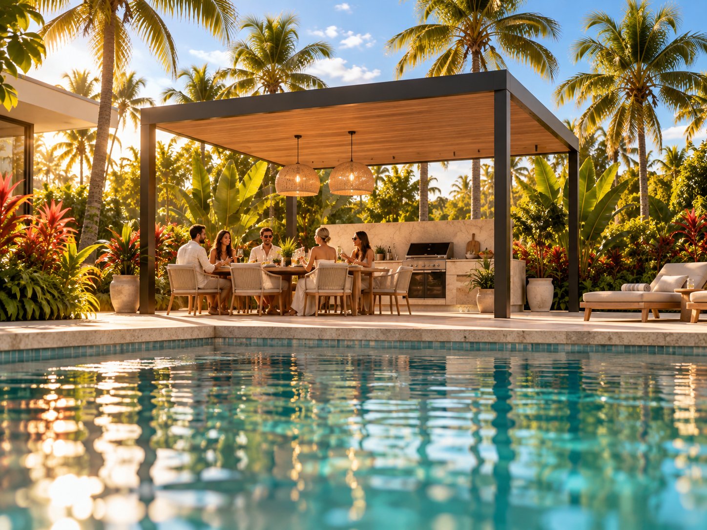 Piscina con pérgola y comedor exterior